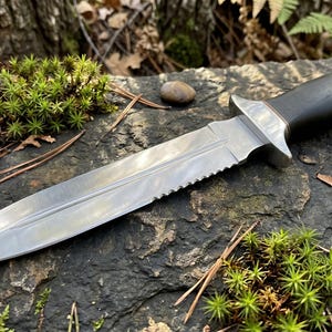 May include: A fixed-blade knife featuring a double-edged steel blade with a serrated section near the hilt, a silver-toned metal bolster, and a smooth black handle with a rounded silver-toned pommel at the end of the grip.