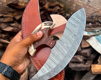 Handmade Damascus Ulu Pizza Cutter Knife, Stag Handle Pizza Knife, Rustic Kitchen Cutter, Chef Gift, Viking Style Kitchen Tool