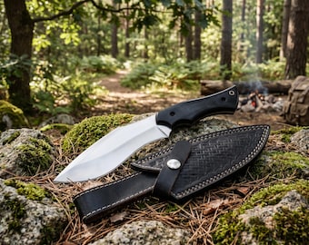 Custom Handcrafted Camping Knife, Damascus Steel  Blade, Leather Basketweave Sheath, Groomsmen Gift.