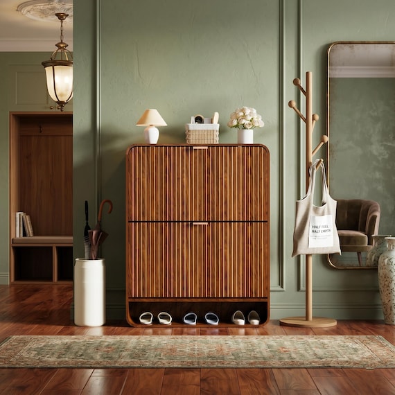 Narrow Fluted Shoe Cabinet with 2 Flip Drawers
