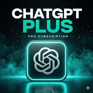 以下が含まれることがあります： ChatGPT Plusのプロモーション画像。「ChatGPT PLUS」の文字は白とティール色で、「PRO SUBSCRIPTION」が下に表示されています。白の雲のグラフィックが描かれた、ティール色の縁取りのある正方形のアイコンが前景にあり、暗いティール色の背景に配置されています。