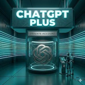 May include: A futuristic scene with the words "CHATGPT PLUS" in illuminated white letters above a glass cylinder. Inside the cylinder is a silver logo. Two robot figures stand near a control panel. The words "PRIVATE ACCOUNT" are displayed.