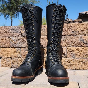 Vintage 1990s brown leather lineman logger knee high lace up green sole boots Vintage 1990s brown leather lineman logger knee high lace up  main image 3
