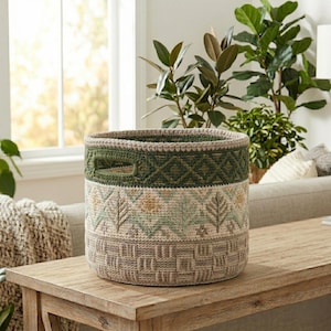 May include: A cylindrical woven basket featuring a dark green top band with a diamond pattern, a middle section with light green and yellow leaf motifs, and a bottom section with a textured beige and gray geometric block pattern and side handles.