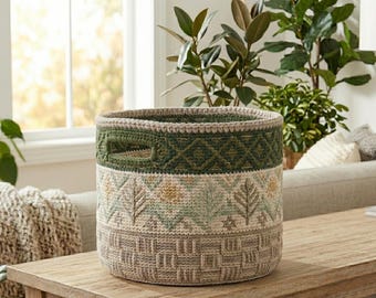 May include: A cylindrical woven basket featuring a dark green top band with a diamond pattern, a middle section with light green and yellow leaf motifs, and a bottom section with a textured beige and gray geometric block pattern and side handles.