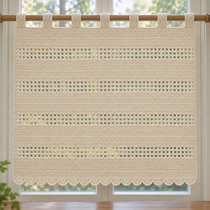May include: A cream-colored crochet curtain featuring a series of horizontal solid bands alternating with openwork grid patterns. The curtain hangs from a wooden rod using seven integrated crochet loops and has a scalloped bottom edge.