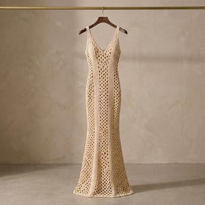 Op de afbeelding: Een beige, vloerlange gehaakte jurk met een V-hals en spaghettibandjes hangt aan een houten hanger. De jurk heeft een getailleerd lijfje en een uitlopende rok. Het open weefsel creëert een textuur.