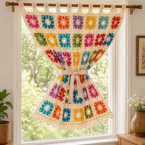 Granny Square Curtain Pattern PDF, Vintage Granny Square Curtain, Farmhouse Crochet Curtain, Crochet Cafe Curtain