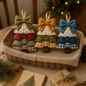 May include: Three decorative fabric ornaments shaped like Christmas trees, each constructed from stacked bows in various patterns and colors including olive green, mustard yellow, deep red, and blue, featuring small hanging loops at the top.