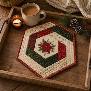 May include: A hexagonal quilted fabric mat featuring a central poinsettia floral print surrounded by geometric strips of red, dark green, and cream fabric with small holiday-themed patterns. The mat is stitched with a visible quilted texture.