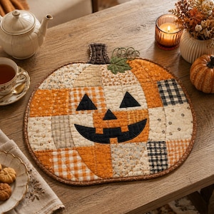 May include: A quilted fabric placemat shaped like a pumpkin, featuring a patchwork design of orange, white, and black fabrics with floral and gingham patterns. The center displays a black fabric jack-o'-lantern face with triangular eyes and a grin.