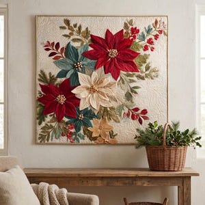 May include: A square fabric wall hanging featuring a quilted cream background with an appliqued floral arrangement of red, teal, and cream poinsettias, green foliage, and small red berries, accented with gold-toned centers on the flowers.