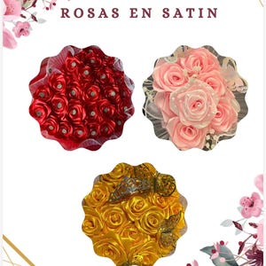 Puede incluir: Imagen con tres ramos de rosas de satén. El ramo superior izquierdo es rojo con detalles plateados. El ramo superior derecho es rosa con perlas y encaje. El ramo inferior es amarillo con detalles de corona y mariposa. El texto dice "ROSAS EN SATIN."