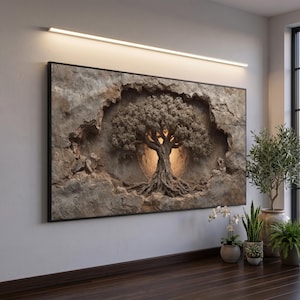 Könnte beinhalten: Ein rechteckiges Wandbild mit einem strukturierten, steinartigen Relief eines Baumes mit freiliegenden Wurzeln. Der Baum ist in einer gezackten, höhlenartigen Öffnung zentriert, wobei ein warmes Licht hinter dem Stamm und den Ästen hervorscheint.