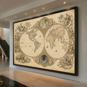 May include: A large rectangular wall art piece featuring a vintage-style double-hemisphere world map in a black frame. The map is surrounded by intricate illustrations of mythological figures, a lion, an elephant, and celestial motifs.