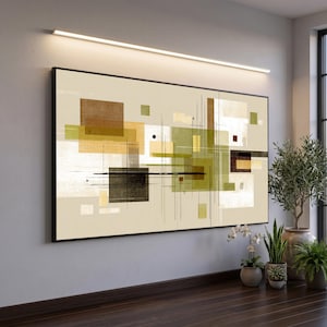 Pode incluir: Uma grande peça de arte de parede retangular com uma composição abstrata de formas geométricas sobrepostas em tons de verde-oliva, castanho e creme, acentuada por linhas horizontais pretas finas sobre um fundo bege claro.