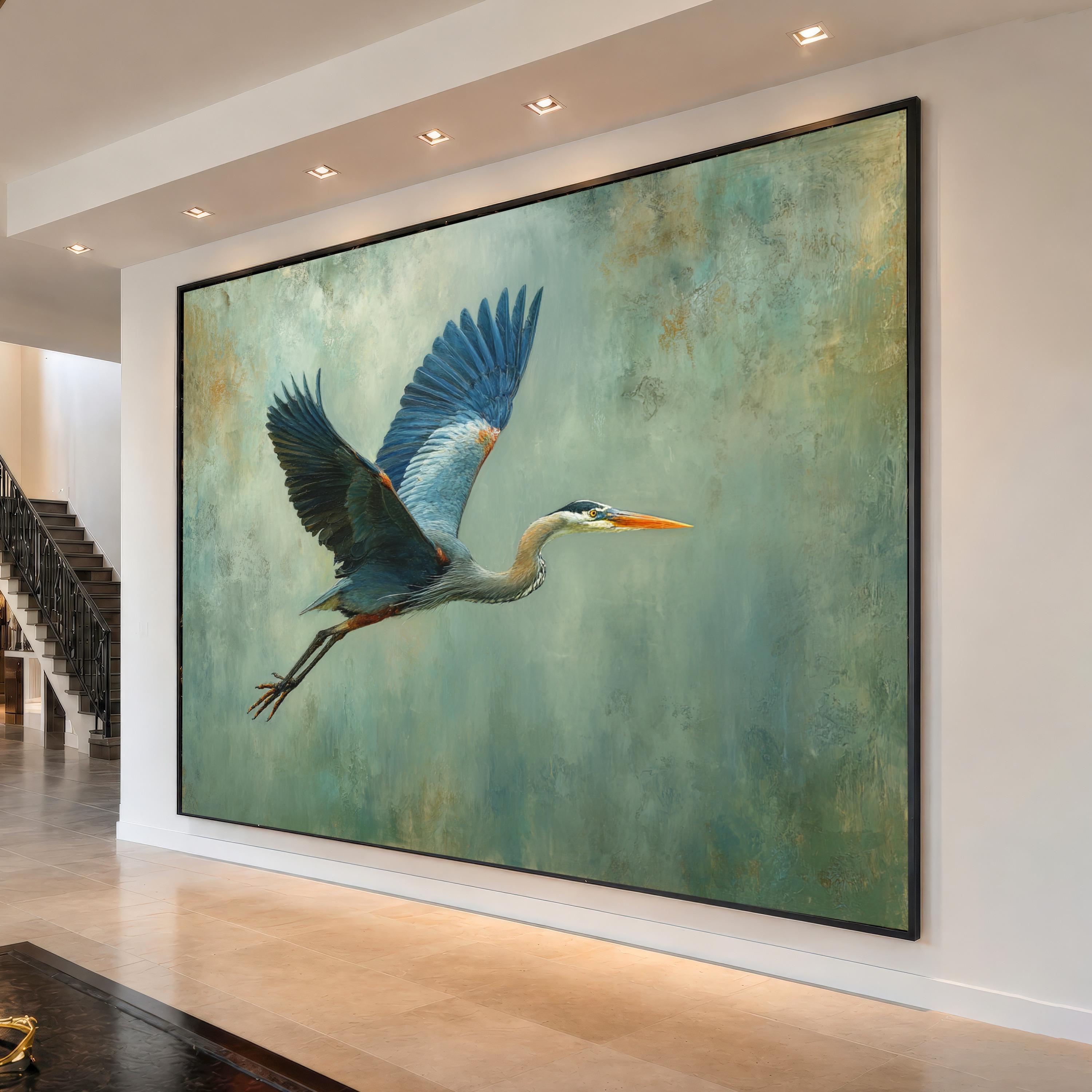 Great Blue Heron in Flight Large Wall Art, Coastal Bird Painting on Canvas for Living Room Decor, Blue Green Nature Artwork