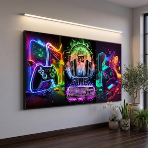 Neon Gaming Controller Large Wall Art, Colorful Gamer Room Poster with Arcade Console and RGB Setup for Modern Bedroom Decor