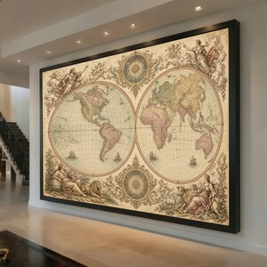 May include: A large rectangular wall art piece featuring a vintage-style double-hemisphere world map in a black frame. The map displays continents in muted tones with intricate decorative borders, compass roses, and classical figures in the corners.
