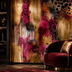 Abstract Maximalist Wallpaper Mural — Pink Gold Animal Print Decor, Bold Statement Peel and Stick Boutique