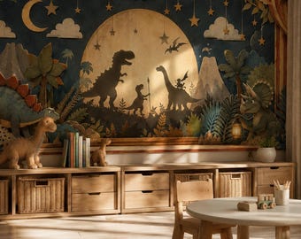 Dinosaur Circus Wallpaper Mural – Whimsical Storybook Stage Nursery Wall Mural