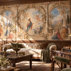 May include: A large wall mural depicting a religious scene with a central figure in robes surrounded by angels and architectural arches, set behind a tufted cream sofa in a room with dark wood paneling and classic furniture pieces.