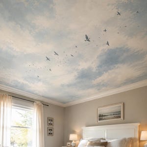 Ceiling Wallpaper Mural – Sky Cloud Ceiling Mural with Birds for Bedroom, Living Room & Staircase, Made to Order USA