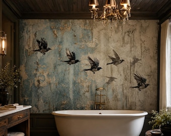 Vintage Bird Wallpaper Mural — Distressed Plaster Effect Bathroom Decor, Powder Room Fabric Peel and Stick Wall Art