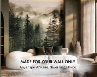 Foggy Forest Wall Mural — Misty Pine Tree Wallpaper, Custom Size Living Room Bedroom Nature Wall Decor