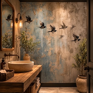 Vintage Bird Wallpaper Mural — Distressed Plaster Effect Bathroom Decor, Powder Room Fabric Peel and Stick Wall Art