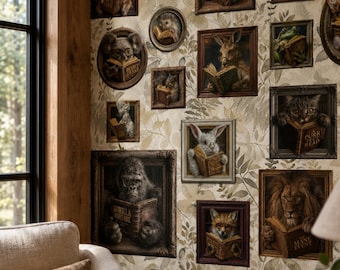 Animals Reading Wallpaper Mural — Custom Peel And Stick Home Office Study Wall Decor, Vintage Book Lover Library Design