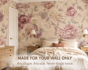 Vintage Peony Wallpaper Mural — Custom Floral Bedroom Wall Decor, Nursery Living Room Accent Wall Design
