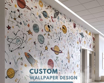 Elementary School Wallpaper Mural — Custom Science Art Corridor Wall Decor, K-12 Classroom Design