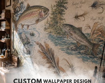 Fishing Wall Mural Wallpaper — Custom Fly Fishing Lake House Decor, Man Cave Cabin Peel and Stick Art
