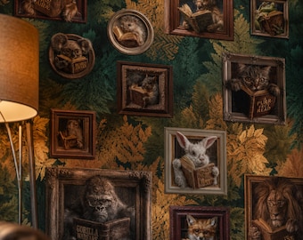 Woodland Animals Reading Wallpaper Mural — Custom Vintage Book Lover Wall Decor, Library Office Design