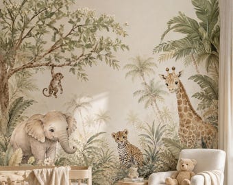 Safari Nursery Wallpaper Mural — Gender Neutral Jungle Animal Decor, Peel and Stick Baby Room Accent Wall