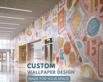 Elementary School Hallway Wallpaper Mural — Colorful Educational Wall Decor, Custom K-12 Corridor Design