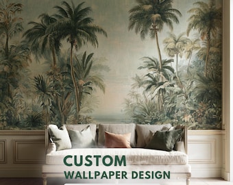 Vintage Botanical Wallpaper Mural — Custom Jungle Palm Leaf Wall Decor, Living Dining Room Accent Wall