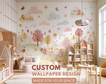 Daycare Wallpaper Mural — Custom Whimsical Classroom Wall Decor, Playroom Nursery School Design