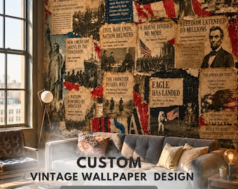 Vintage Newspaper Wallpaper Mural — Peel and Stick Retro Kraft Wall Decor, Custom Aged Paper Collage Design