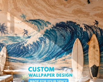Surf Wall Mural Wallpaper — Custom Coastal Ocean Wave Decor, Surf Shop Beach House Commercial Design