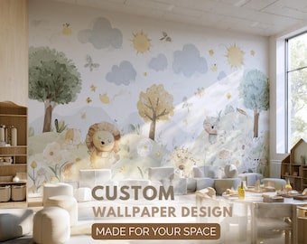 Daycare Wallpaper Mural — Custom Soft Montessori Nursery Wall Design, Childcare Center Decor