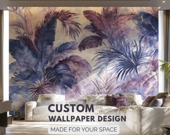 Tropical Palm Wallpaper Mural, Custom Watercolor Botanical Wall Decor, Living Room Bedroom Dining Design