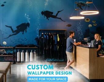 Dive Center Wall Mural Wallpaper — Custom Branded Scuba Underwater Decor, Dive Club Shop Design