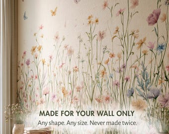 Floral Wallpaper Mural — Custom Wildflower Botanical Wall Decor, Living Room Bedroom Accent Wall Design