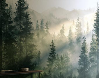 Misty Forest Wall Mural – Pine Tree Atmosphere Wallpaper, Custom Nature Decor