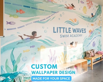 Swim School Wall Mural Wallpaper — Custom Branded Pool Room Decor, Swim Academy Aquatic Center Design