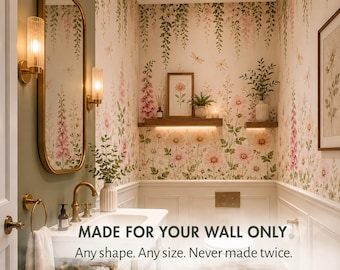 Powder Room Wallpaper Mural — Custom Floral Half Bath Wall Decor, Botanical Guest Bathroom Design