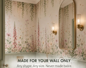 Floral Bathroom Wallpaper Mural — Custom Wildflower Wall Decor, Powder Room Bathroom Wall Art Design