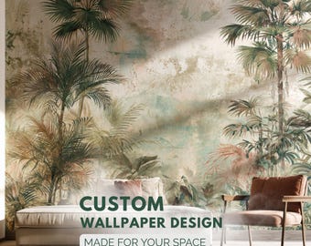 Tropical Wallpaper Mural — Custom Vintage Botanical Palm Wall Decor, Living Room Dining Room Design